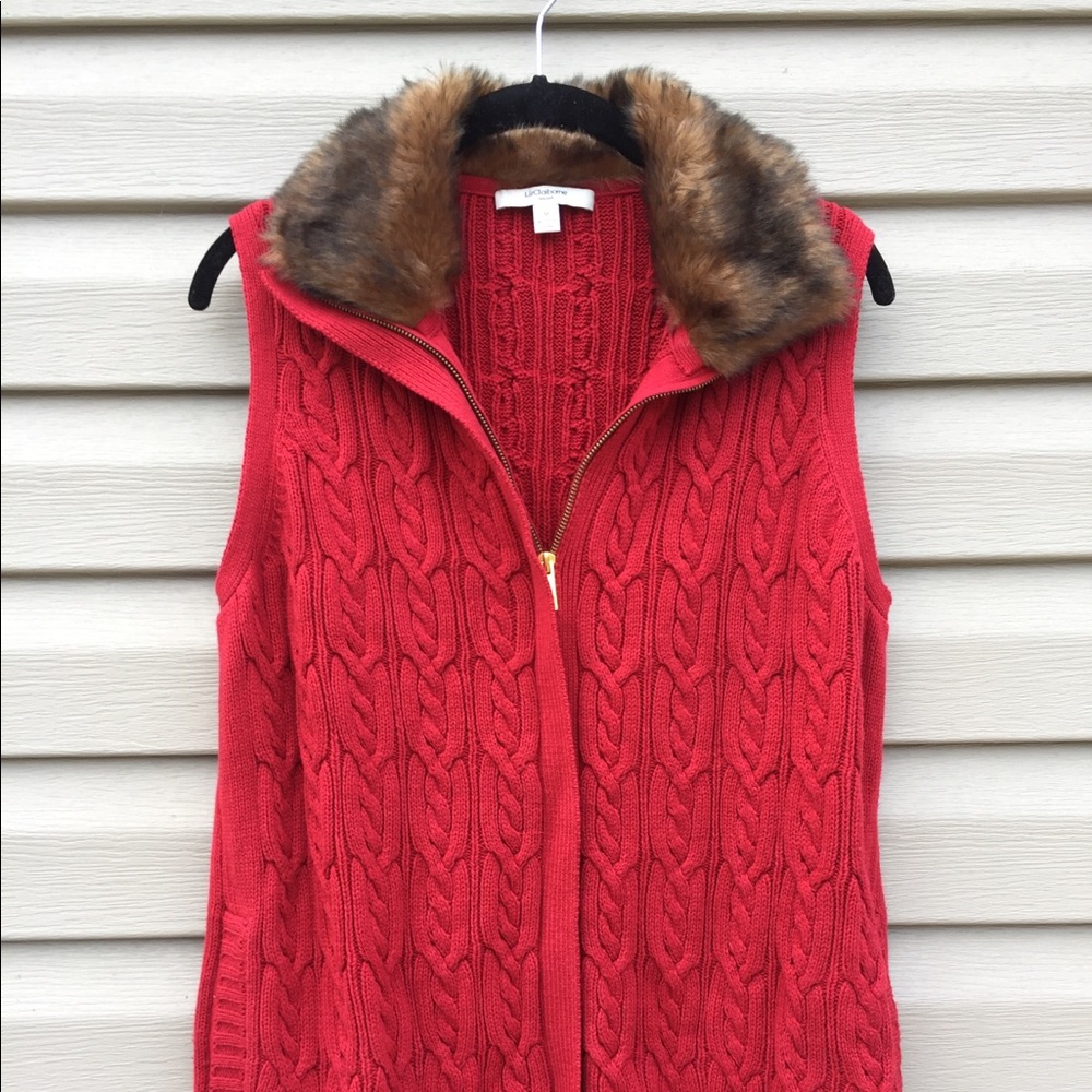 Liz Claiborne Sweater Vest w Fur Collar. Sz Med